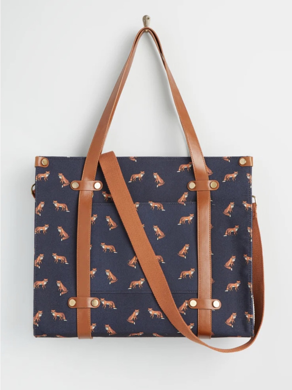 ModCloth Camp Director Zipped Tote bag navy fox print pattern Canvas Leather